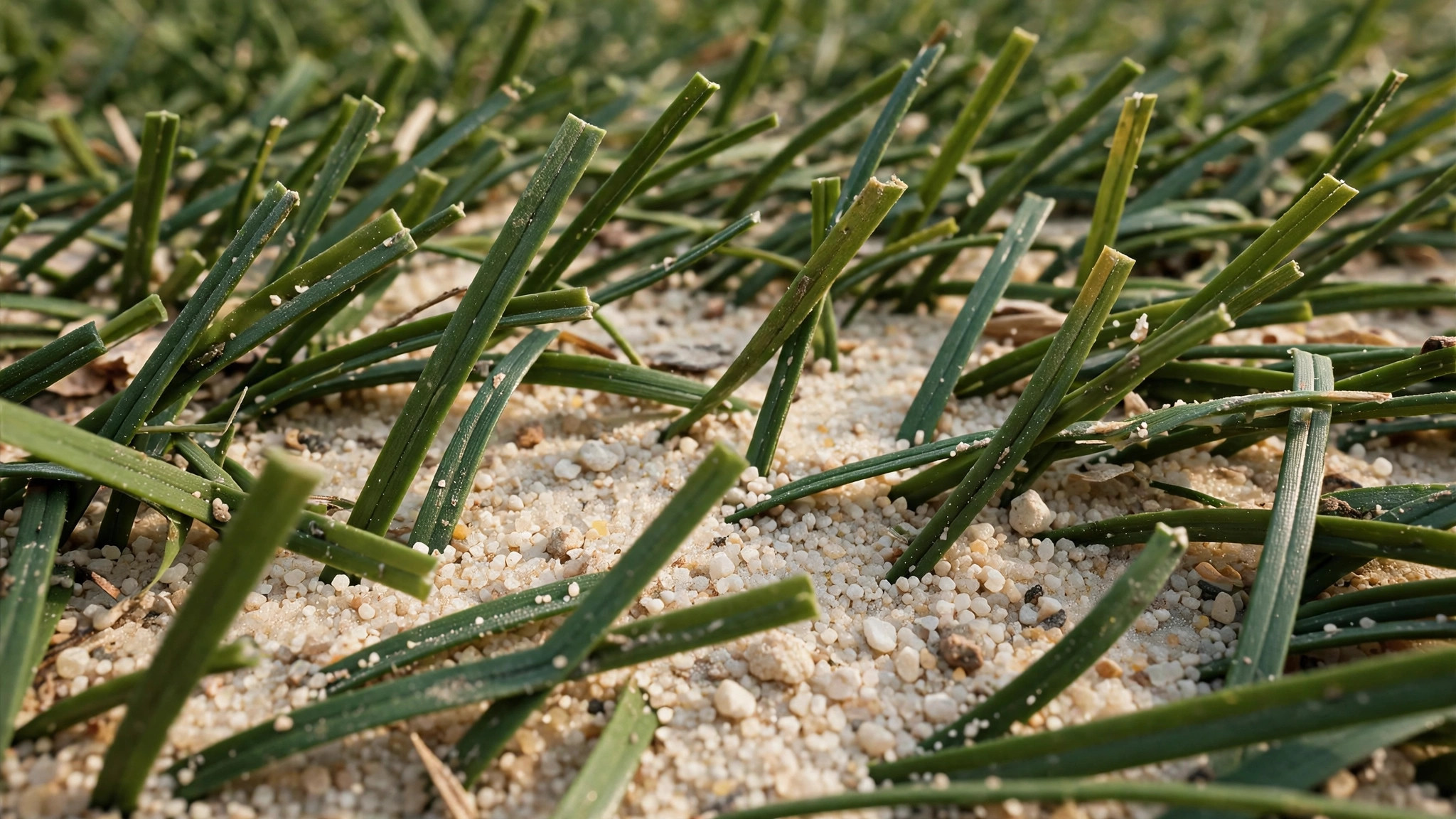 Sand infill sitting on top of an astro turf tennis court