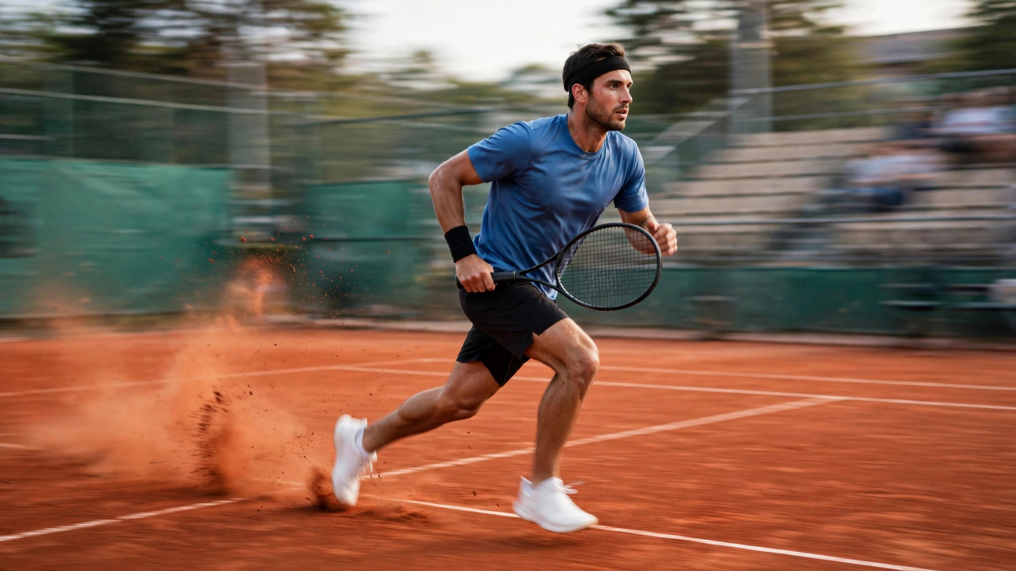 Tennis player landing on a clay court