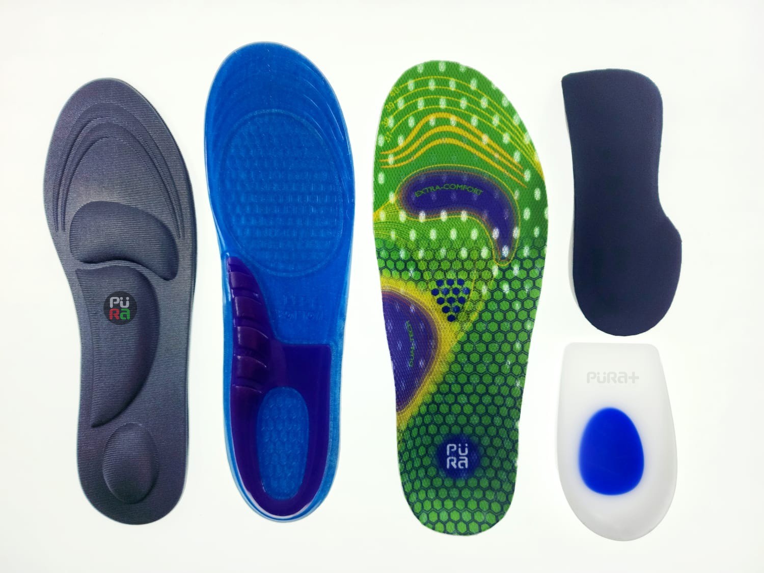 A selection of insoles including an orthotic insole with a raised arch pad