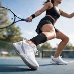 Woman playing tennis wearing white tennis shoes on hard court.